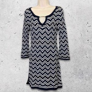 White House Black Market Sweater Tunic Long Sleeves‎ Chevron Knit Navy Blue W S